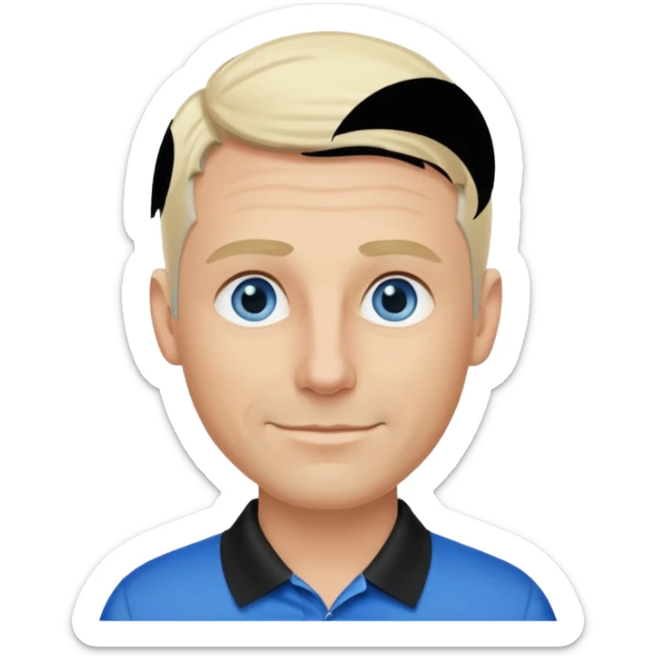 Avatar pic male 35 years old gray hair blue eyes clean shaven blonde eyebrows high cheekbones sly smile long eyelashes wearing a black golf shirt sticker