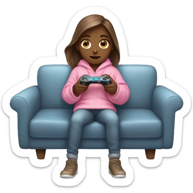 White girl with brown hair wrapped up in a blanket sitting on a couch with a pink gaming controller in her hands sticker