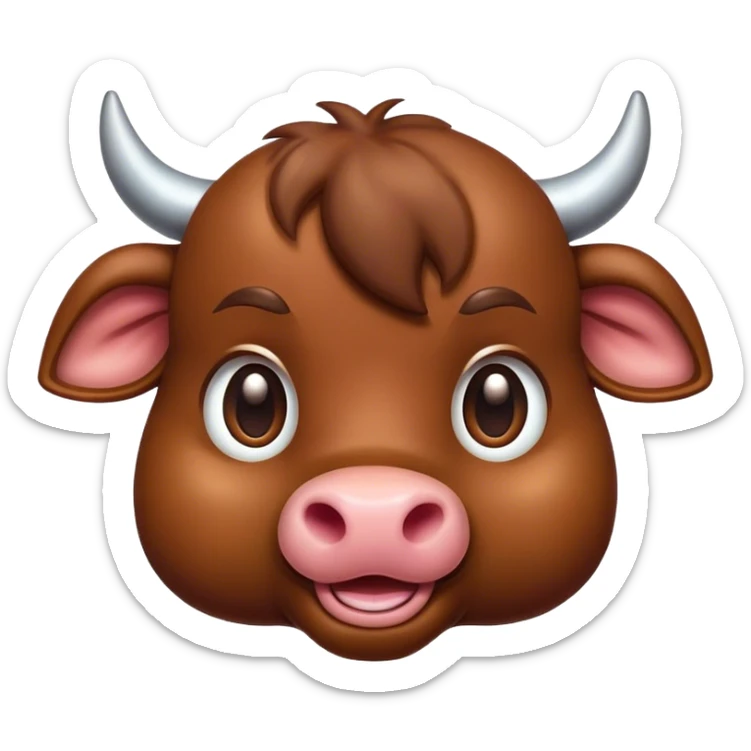 Cinematic Cute Brown Bull Portrait Emoji, Head tilted playfully and inquisitively, featuring a glossy, robust brown hide with a natural sheen, round, sparkling dark eyes filled with gentle curiosity, Simplified yet irresistibly adorable features, highly detailed, glowing with a warm, friendly glow, high shine, affectionate and imposing, stylized with a touch of rugged charm, bright and endearing, soft glowing outline, capturing the essence of a mischievous yet loving bull, so playful it feels like it could stomp out of the screen and into your arms! sticker
