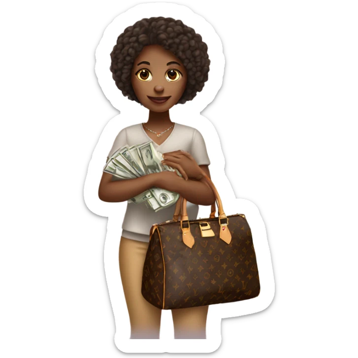 African american girl holding a Louis Vuitton bag with money sticker