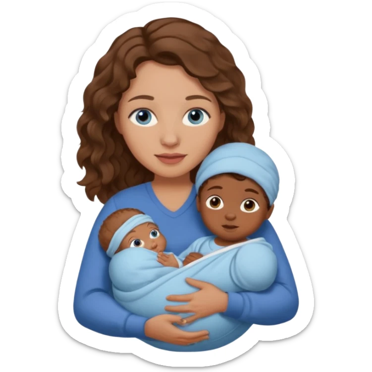 Mom with blue eyes and wavy hair carrying brown skinned newborn baby sticker