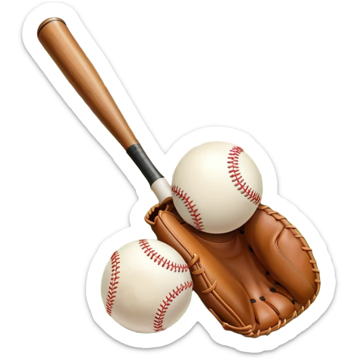 A baseball bat, ball, and glove placed on the grass of a baseball field, with the diamond and base lines clearly visible in the background. The scene captures the essence of the sport, with the equipment ready for action on the neatly marked field. sticker