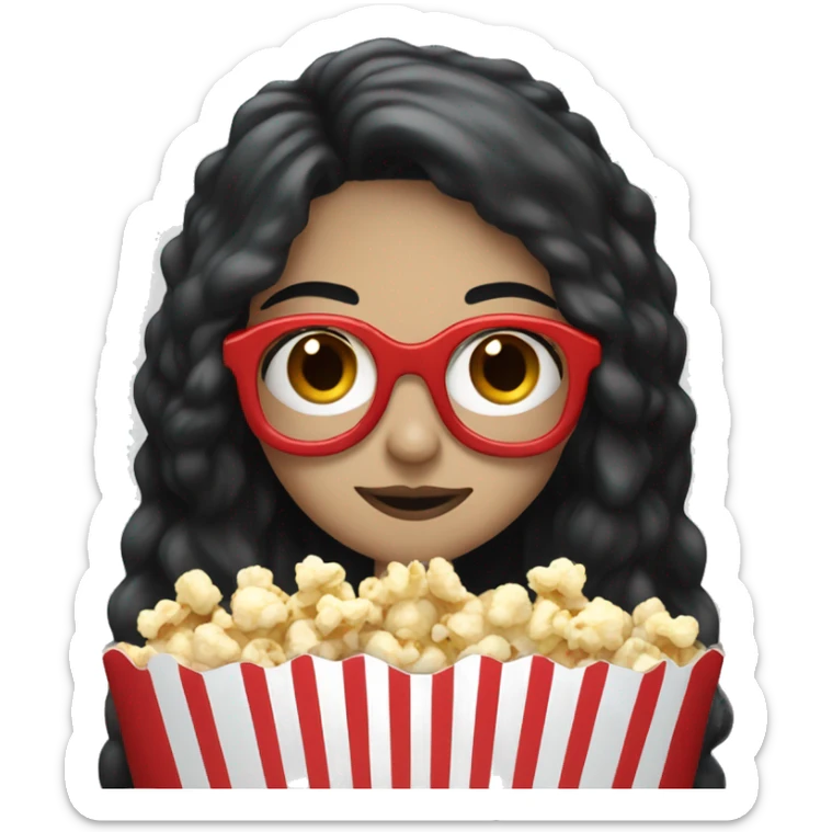 Pale girl with long black hair eating popcorn with red and blue glasses sticker