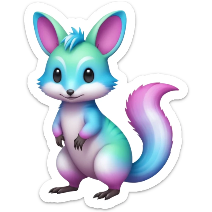 Iridescent Neon Green-Cyan-Blue-Magenta-gradients Minccino-Emolga-Numbat-Sergal-fusion-hybrid-animal-creature, full body sticker