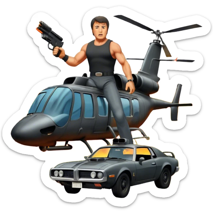 Icon for Action Movie: A vintage movie poster-style design featuring intense action scenes with explosions, weapons, and dramatic poses of Stallone. Include cars and helicopters flying out of flames in the background. Bold typography and retro cinematic style. Transparent background. sticker