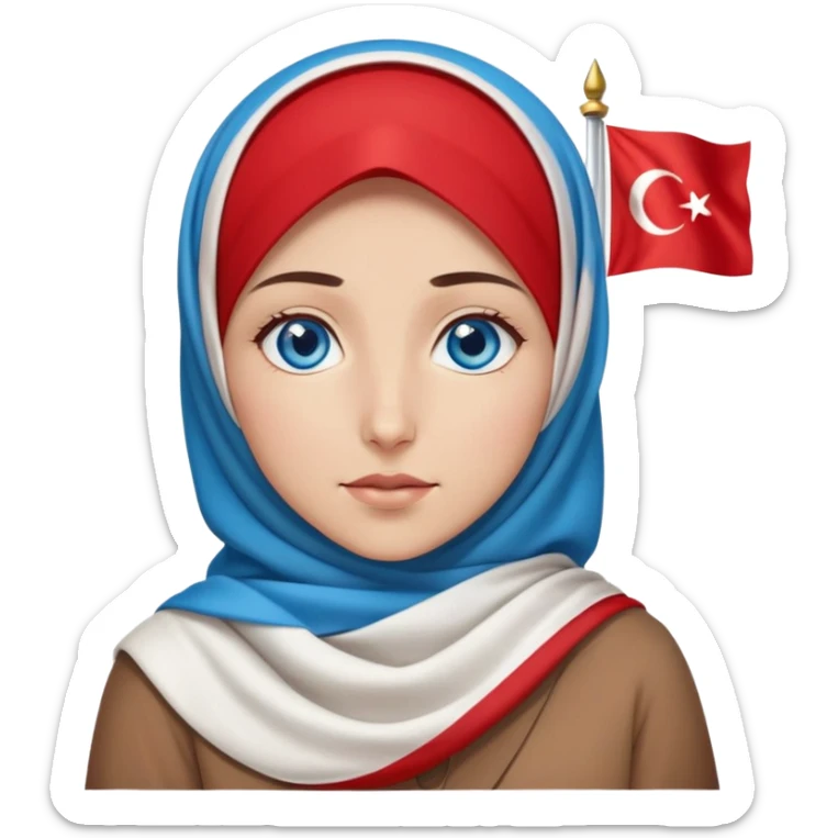 Turkish beautiful finish Konya girl blue eyes with red white hijab dress with turkish flag and watching the sky on the ground  sticker