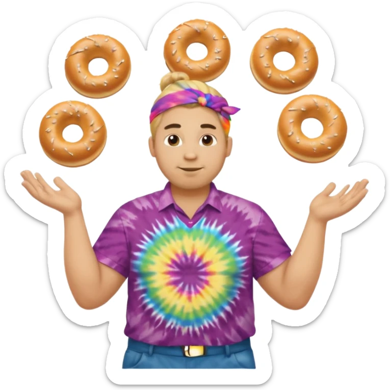 Large man w Blond manbun juggling plain bagels (no sprinkles) with tie die shirt sticker