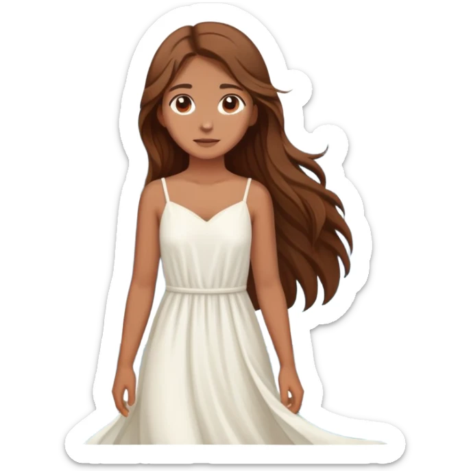 Girl with long brown hair wearing a flowing white dress, standing where the sea meets the mountains sticker