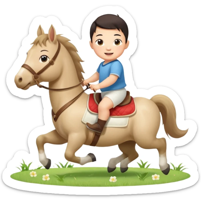 l little chinese baby boy riding on a  cute horse running on the grass with 2026 year label sticker