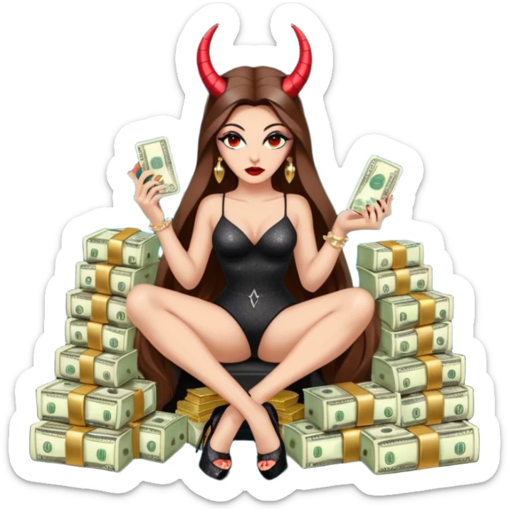 Sensual seductress long brown straight haired sexy drug lord woman with  glitter platform high heels on her feet,  and devil black horns on her head, holding a stack of cash, has a phone in other hand. Sitting on  Cases of drugs. Evil  sticker
