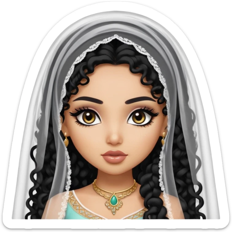 South West asian beauty, pretty bratz baddie, black eyeliner, long black curly hair, veil, light skin sticker
