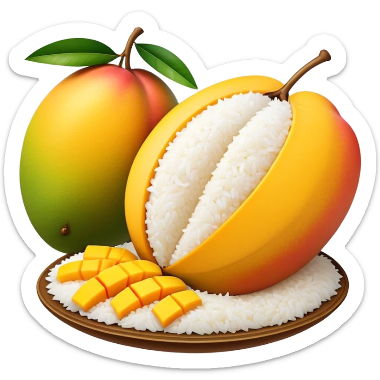 Cinematic Realistic Mango Sticky Rice Dessert Emoji, showcasing sweet sticky rice paired with ripe mango slices and coconut milk rendered with lifelike detail and warm, inviting lighting. sticker