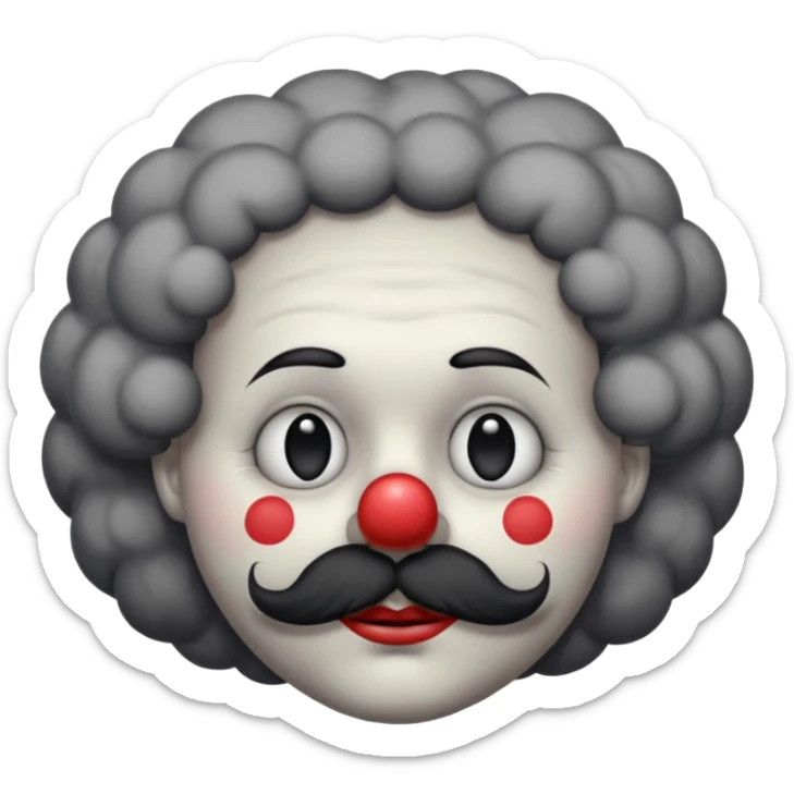 a melancholic clown character with a round gray face, half-closed sleepy eyes with long lashes, a big black round nose, and thick black mustache. Dark fluffy cloud-like hair on the sides of the head.  sticker