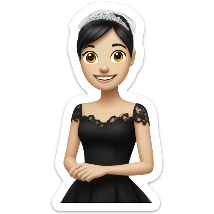 bride with very pale white skin and dark brown straight very short hair black lace dress and bangs laughing with veil sticker