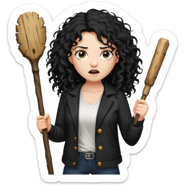 Hey, please generate me an emoji that depicts a woman white skin long black curly disheveled hair slightly thicker, she is wearing a white T-shirt and a black unbuttoned jacket she is furious she is holding a large wooden stick from a tree in her hands sticker