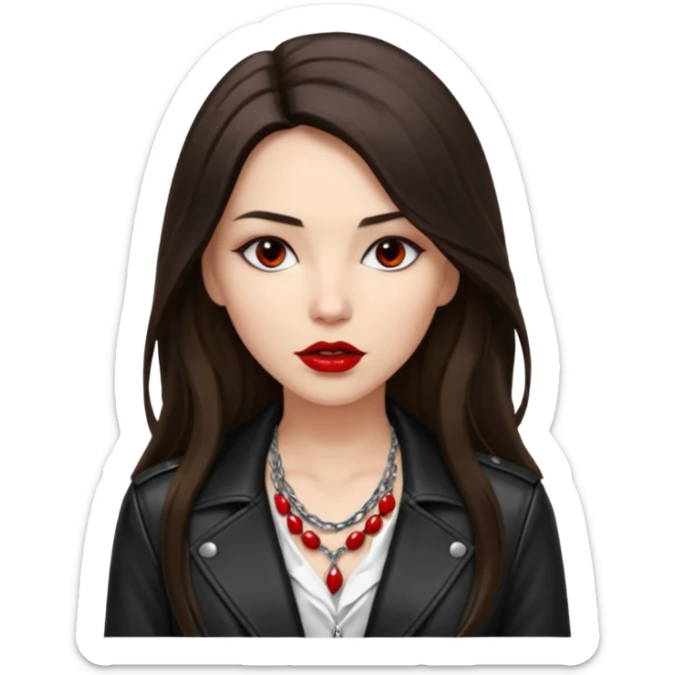 brunette with very long hair in black cuir jacket with red lips and very dark brown eyes and white shirt and mysterious necklace sticker