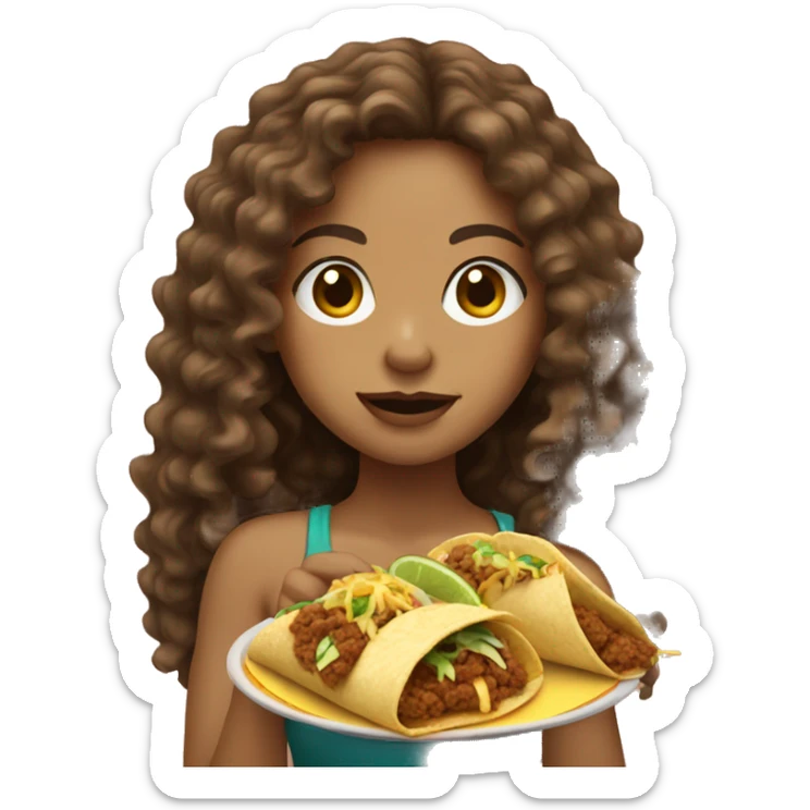 Light skin girl with long brown curly hair eating a taco sticker