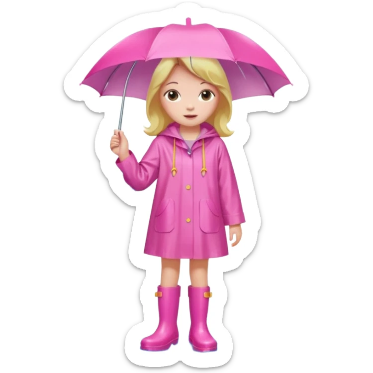 Girl in Pink wide dress raincoat pink rainboots in rain sticker