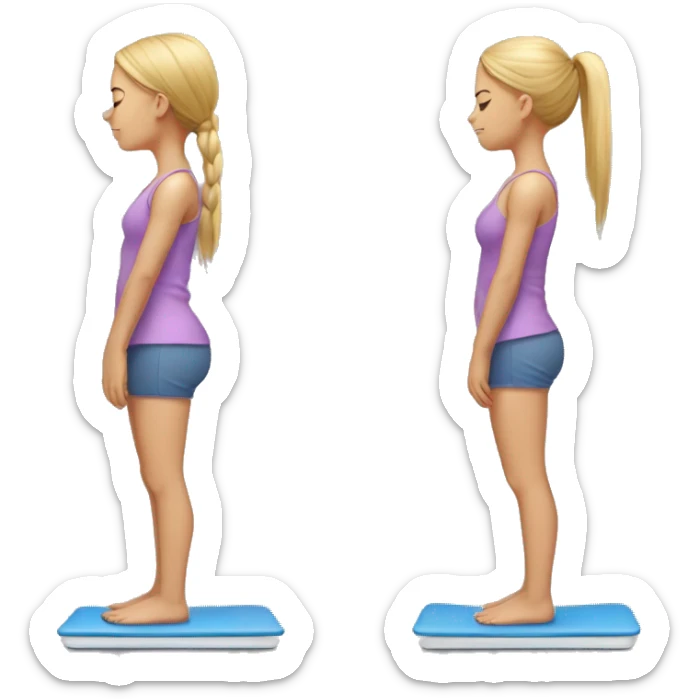 Side view of a girl standing on a bathroom scale, looking down, wearing yoga clothes sticker