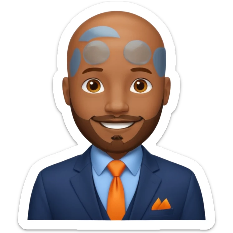 headshot of a sophisticated, stylish, bald head, smiling Caribbean black man with a beard and goatee in a navy blue suit, orange tie sticker