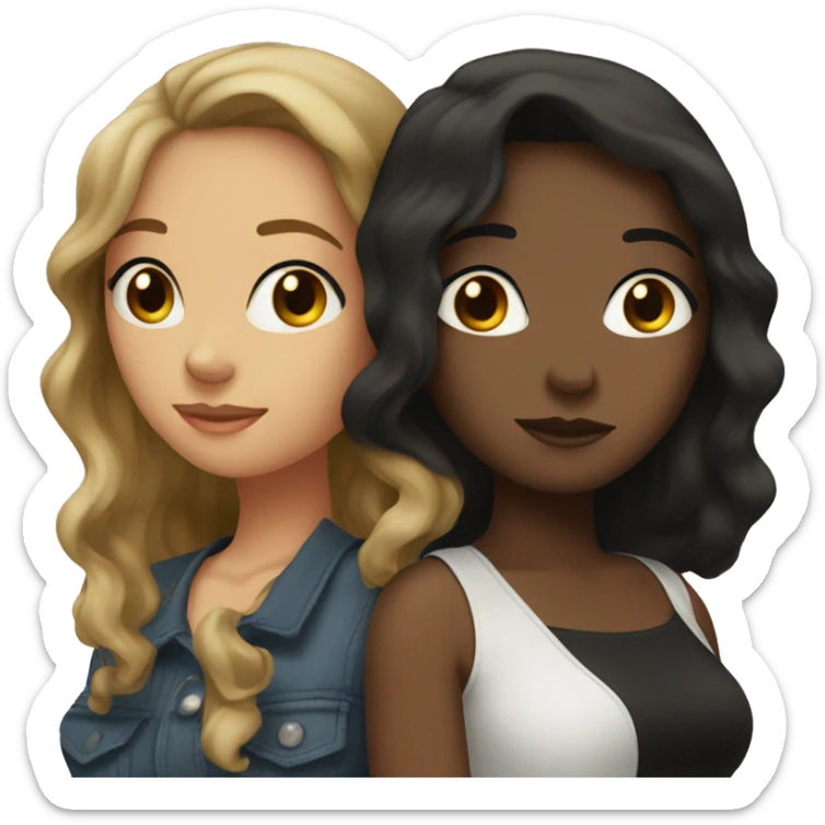 Two women smooching that one white with brown hair and the other black with black hair sticker