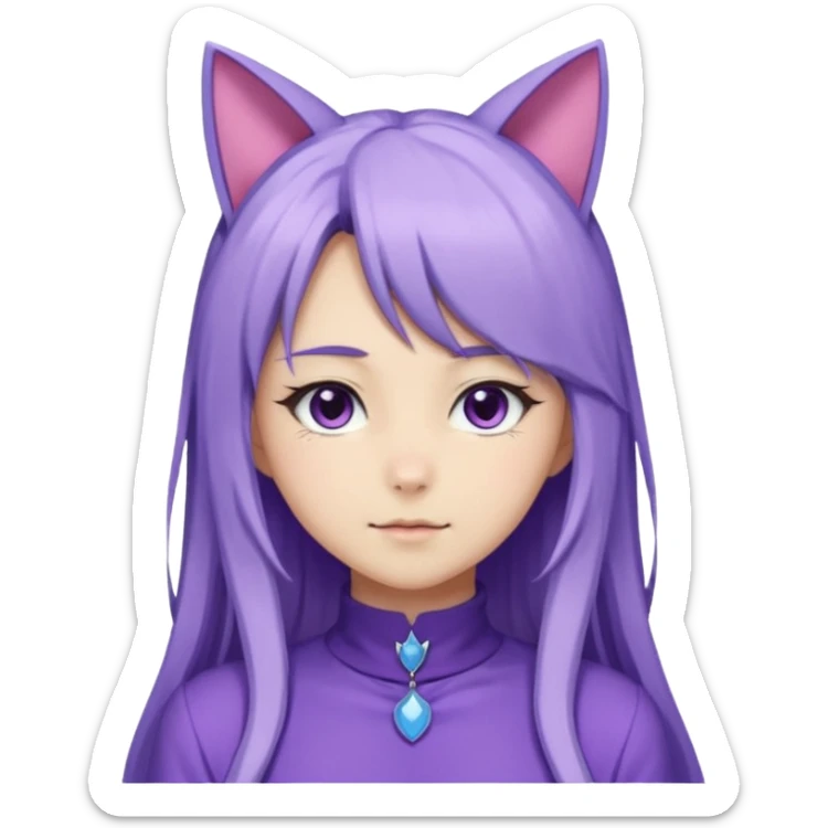 female anime character with long periwinkle hair and cat ears on her head. She is wearing a purple outfit with a high neckline and long sleeves.  sticker