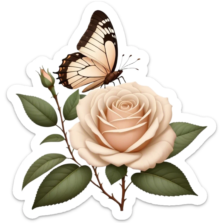 white Ascott tea rose next to a beige aesthetic vintage style leaf and a brown beautiful butterfly sticker