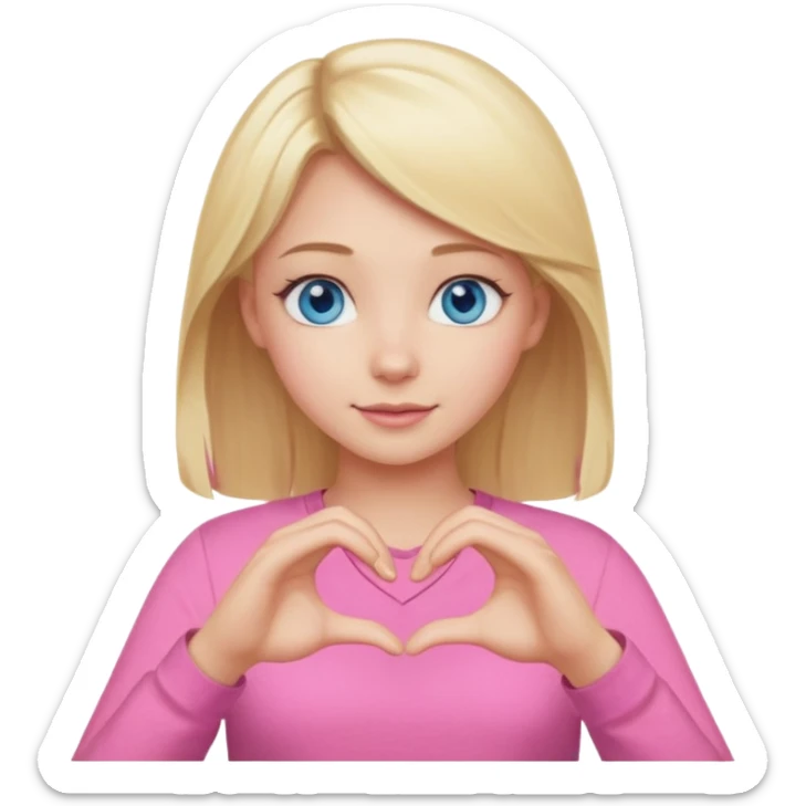 Realistic Blonde girl blue eyes, pink shirt, making heart sign with hands sticker