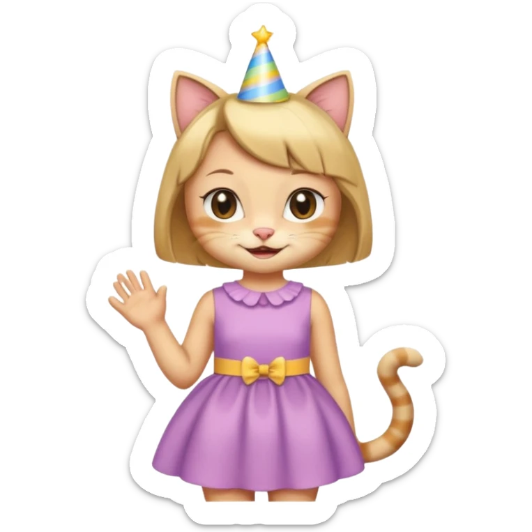 happy girl cat with a bob haircut wearing a birthday dress sticker