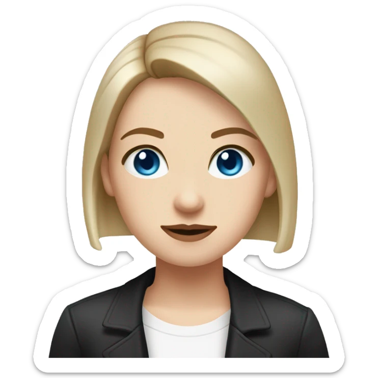 Slavic woman with blue eyes, fair skin, straight gradient from brown to blonde bob hair, goth eyes makeup, dressed in white T-shirt and office black jacket. sticker