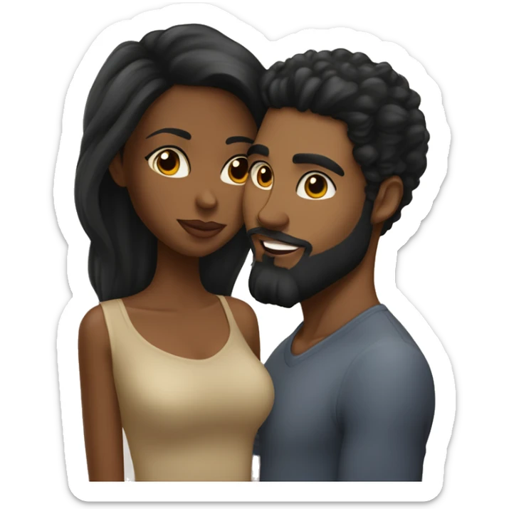 A caramel skin black woman with long black hair kissing her boyfriend who’s lighter in complexion and has a beard with big eye and a big nose  sticker