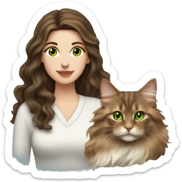 White brunette long wavy hair woman with green eyes holding a brown Maine coon cat  sticker
