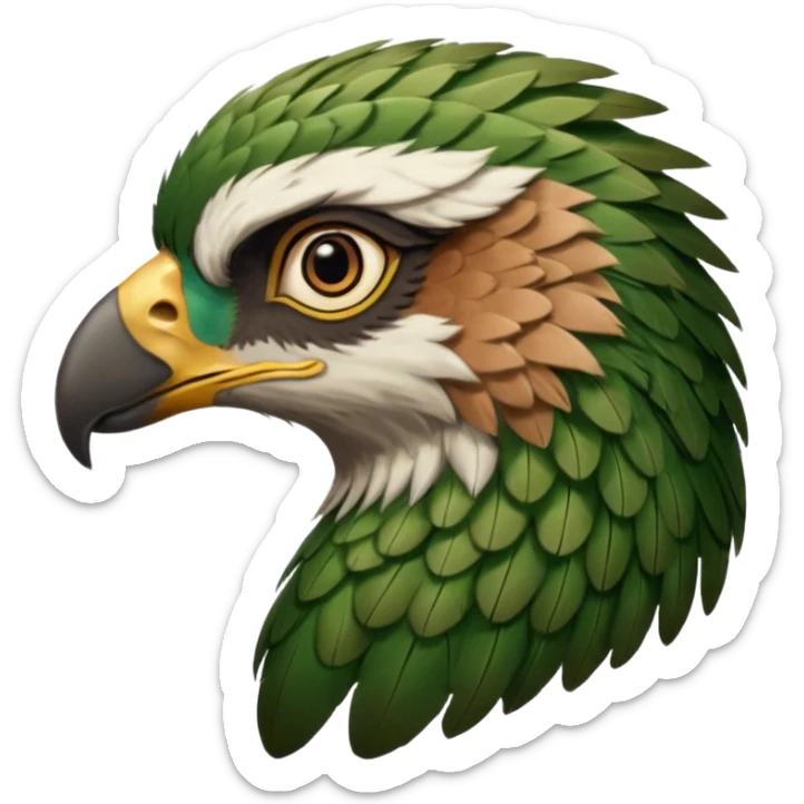 close up, zooming into the eye at the side profile of the face of a green hawk that is looking away from the camera sticker