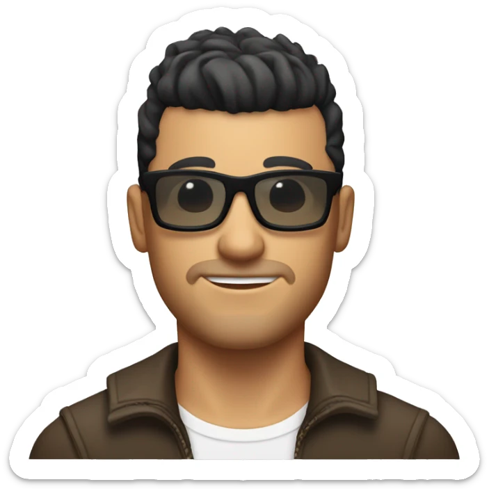 A tanned handsome white man with black short hair, dark glasses and a small beard, a small mohawk hairstyle sticker