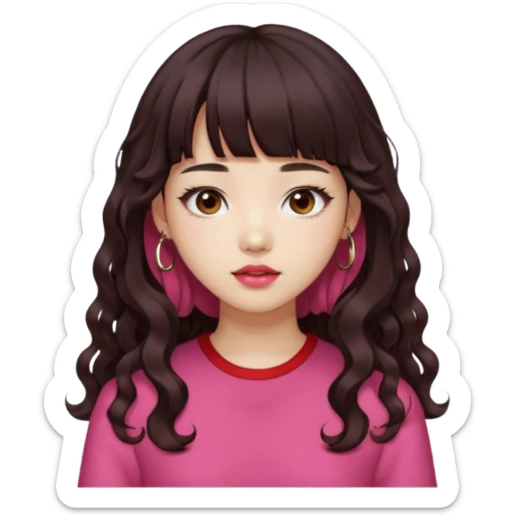 Korean girl, red top, black brown hair, brown eyes, long curly hair, aesthetic, long hair, hime cut, blunt bangs, pink lip, Cool girl sticker