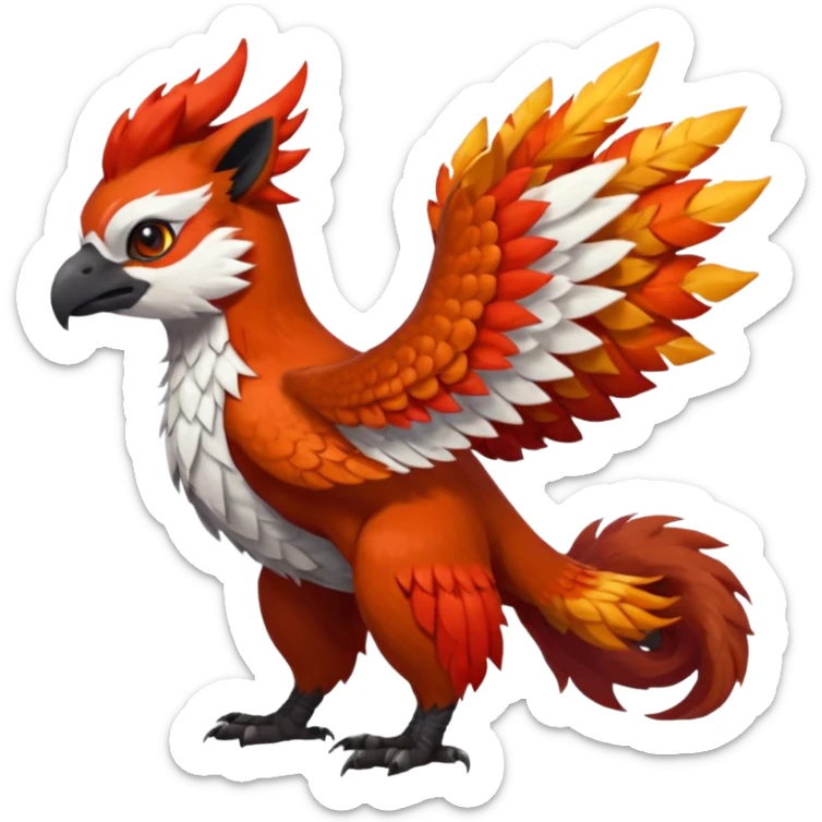 4-legged scaly long-big-beaked Gryphon-Talonflame-Red-Panda-Silvally-fusion-hybrid-animal-Fakémon-creature, full body, with a tufted tail sticker