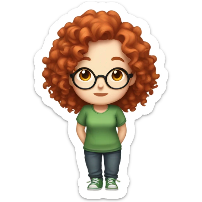 Chibi twitch emotes of a red curly haired girl, with freckles and big round glasses, in a green shirt sticker