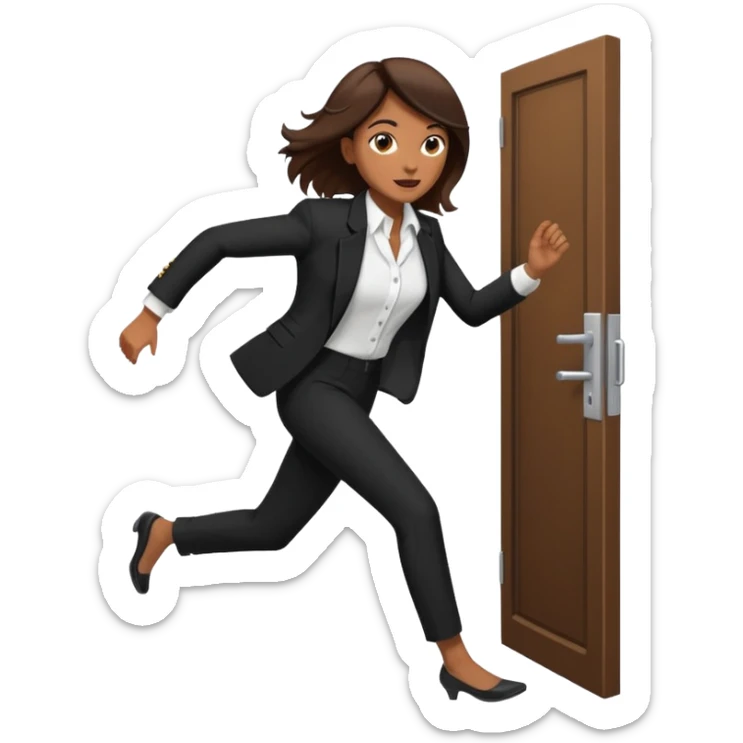 brown skinned female in business attire running out of door sticker