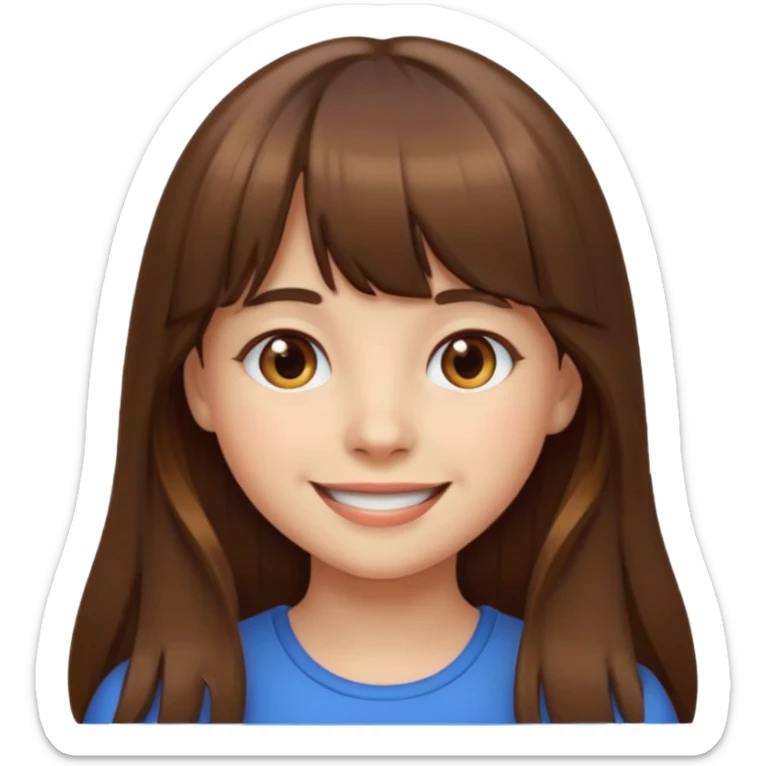 girl emoji style, long brown hair with bangs, brown eyes sticker