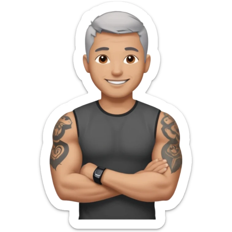 un homme de 35 ans, cheveux très court gris, qui sourit, musclé avec le bras droit tatoué et un tee shirt noir sticker