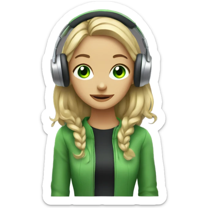Girl with a green eyes listening a music on headphones  sticker