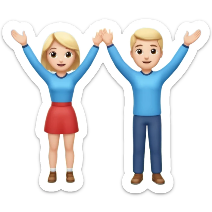 A 3D cartoon couple on top of a hill raising hands in victory, sunny sky and nature background, Memoji-style. sticker