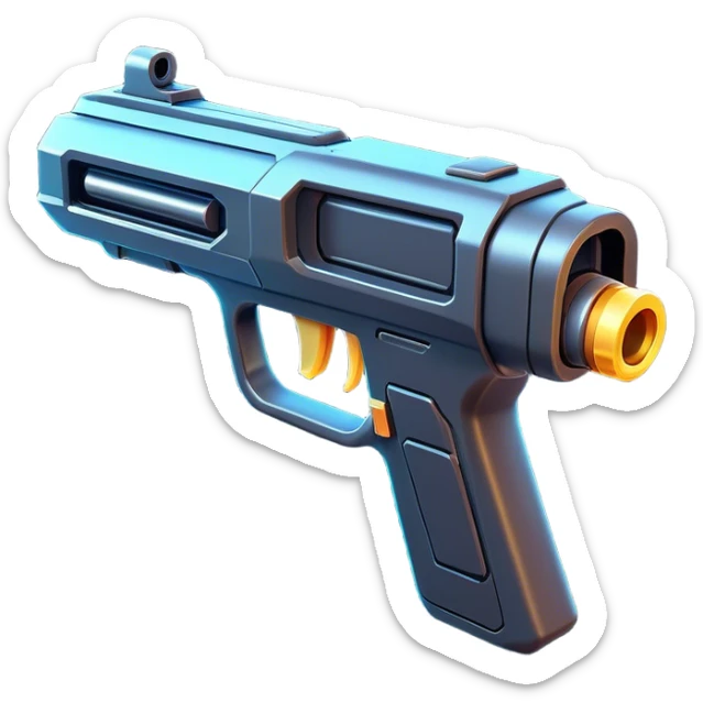 Clash of Clans aesthetic: Cinematic Playful 3D Isometric Laser Gun Emoji, rendered in a 3D vector-style similar to standard emojis with minimal shading and bold, simplified shapes. A compact, distinct form with signature details, softly glowing with a futuristic sci-fi warfare charm. Simplified yet unmistakably iconic, highly detailed and consistent, glowing with a soft radiance and high shine. Stylized with a touch of high-tech brilliance and a soft glowing outline, capturing the essence of a beloved gaming relic with a friendly, playful manner! sticker