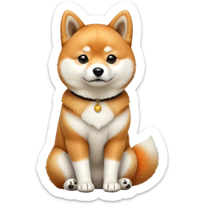 cinematic-[shiba inu]-realistic-full-body-sitting-emoji,-tail-resting-loosely-beside-its-paws,-head-tilted-dramatically, -fluffy-[orange white]-fur,-simplified-yet-realistic-focused-features,-highly-detailed,-glowing-with-an-almost-sarcastic-glow sticker
