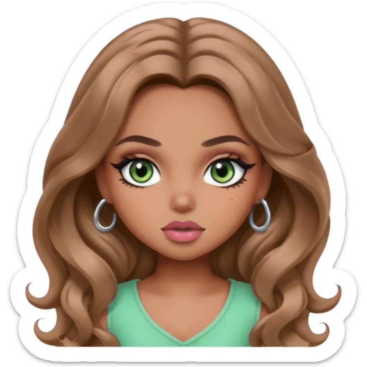  long wavy brown hair, light tan skin, light green eyes, pretty bratz baddie, black eyeliner, blush sticker