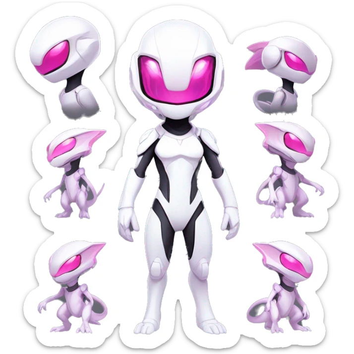 White, Chibi-style, White body, Anthro-Sona-Lizard-Alien-Salazzle-Mew-Mewtwo-Fakémon, with pink eyes, with a futuristic visor-helmet, wearing a techwear-suit, Full Body sticker