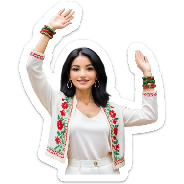 a woman with shoulder-length black hair is posing with a slightly smiling facial expression and hands raised to the side in a "I don't know" or "I see" gesture. She is wearing a white outfit with red and green floral prints, and accessories such as bracelets and earrings.

The backdrop is a building with black-framed and glass windows that reflect the trees outside. There are also wooden chairs with iron on the left and right sides of the picture. At the top, an air-conditioning unit mounted on the wall can be seen. Natural light illuminates her face quite well, giving the photo a relaxed and natural feel. sticker