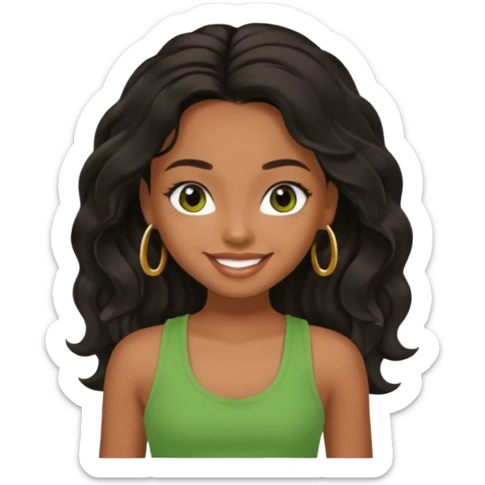 a pretty bratz brown girl with long wavy black color hair, brown eyes and green tank who is smiling sticker