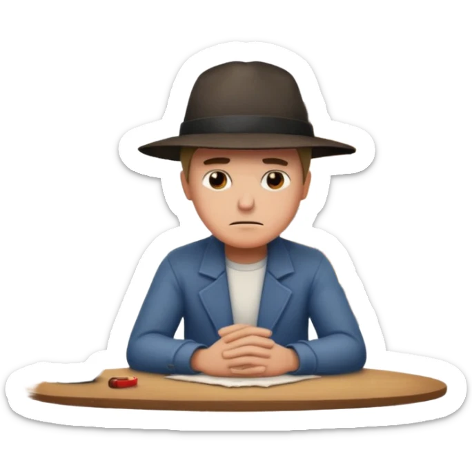 apple style emoji of a man sitting sadly at a table, a house burning behind him sticker