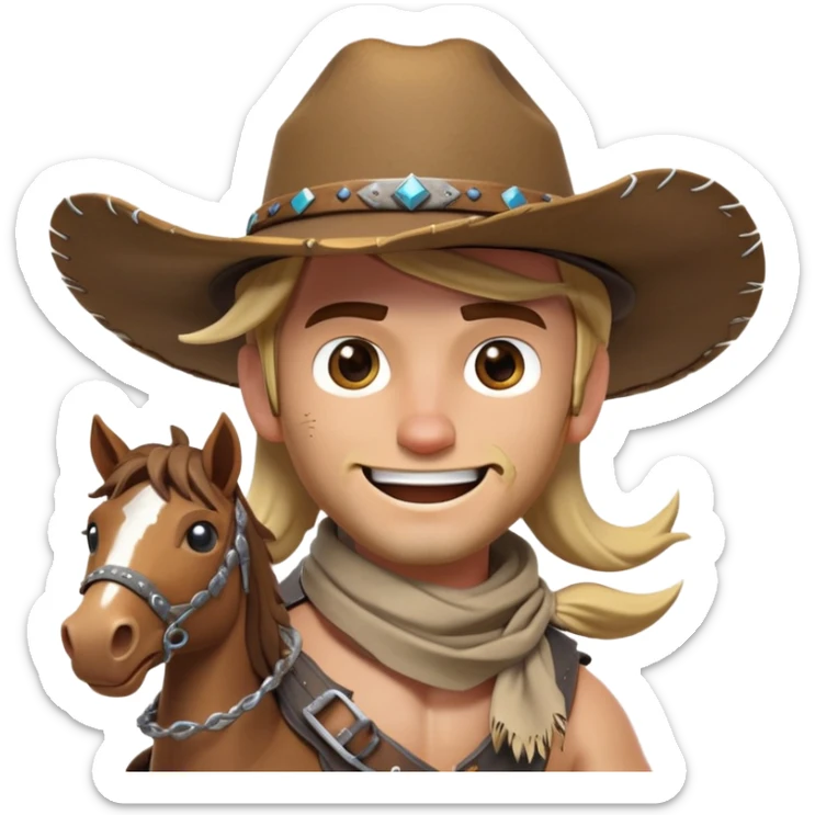 clash-of-clans-aesthetic_-cinematic-playful-cowboy-portrait-emoji, head-tilted with a roguish, cheeky grin and twinkling eyes, featuring a wide-brimmed cowboy hat and a weathered bandana on tan skin, riding a powerful galloping horse with dynamic flowing mane, reins gripped firmly in one hand and a lasso in the other, as dust swirls behind them in a vast desert landscape. sticker